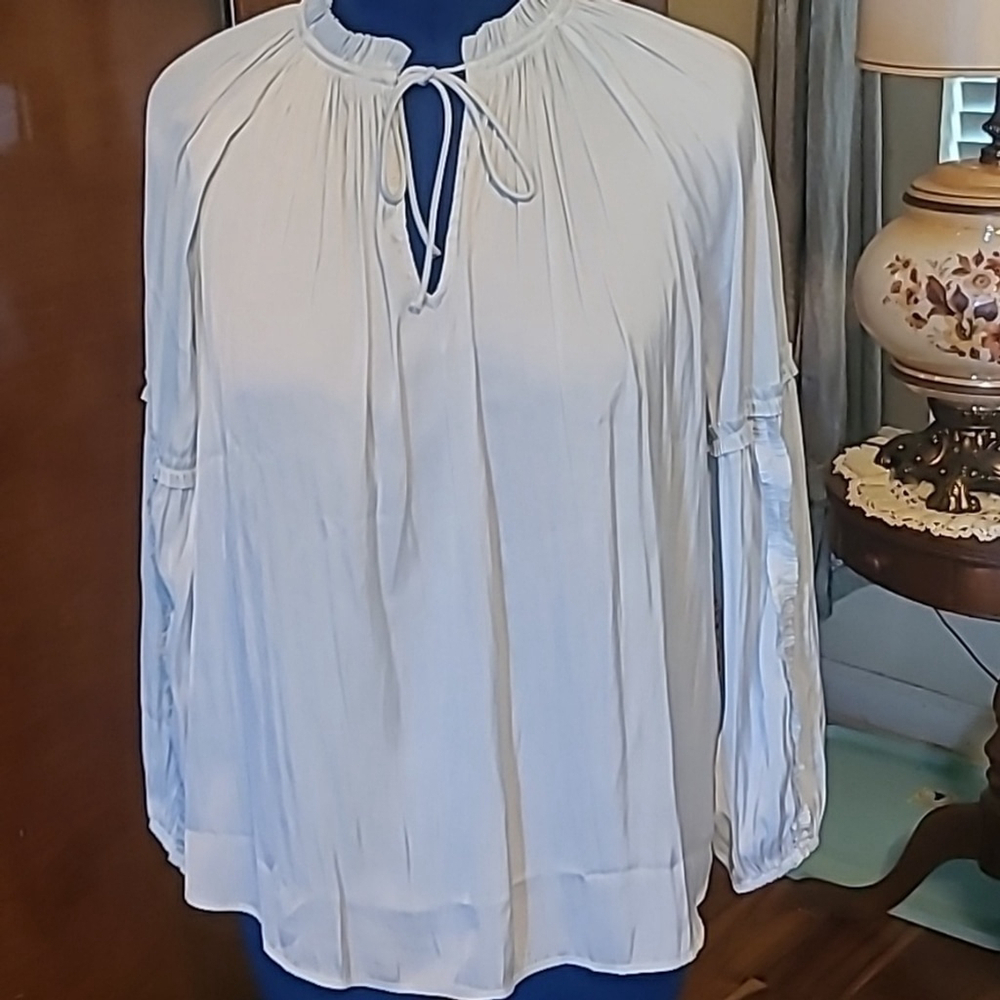 Lane Bryant Long-Sleeve Ruffle Split-Neck Top sz 10/12. satin light blue(#1843A)